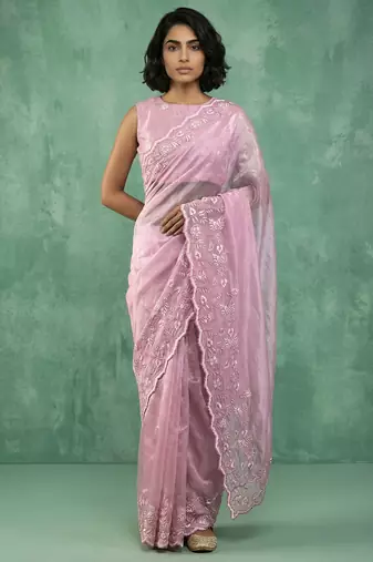 Pink chanda silk thread flower embroidery cut work saree with blouse