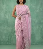Pink chanda silk thread flower embroidery cut work saree with blouse