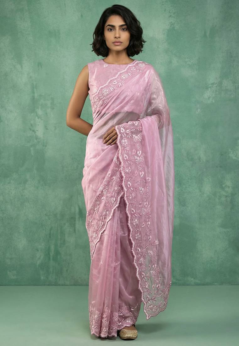 Pink chanda silk thread flower embroidery cut work saree with blouse