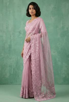 pink chanda silk blend thread flower embroidery cut work saree with blouse 2