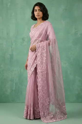pink chanda silk blend thread flower embroidery cut work saree with blouse