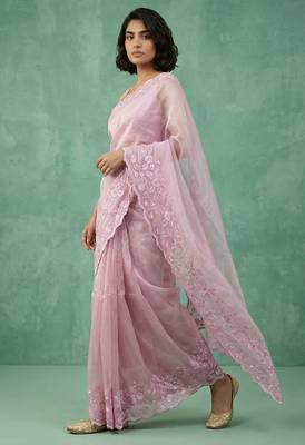 pink chanda silk blend thread flower embroidery cut work saree with blouse 3
