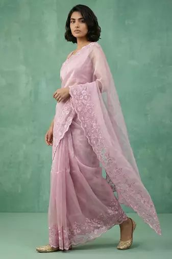 pink chanda silk blend thread flower embroidery cut work saree with blouse