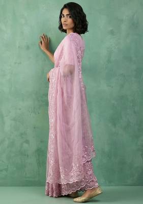 pink chanda silk blend thread flower embroidery cut work saree with blouse 4