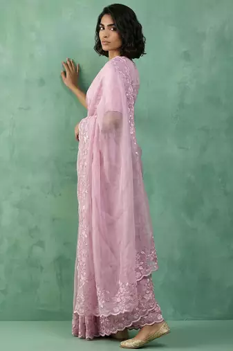 pink chanda silk blend thread flower embroidery cut work saree with blouse
