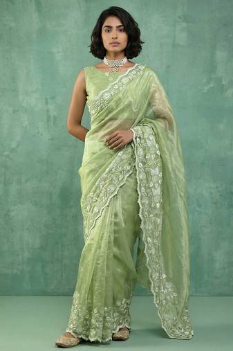 green chanda silk blend thread flower embroidery cut work saree with blouse