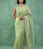 Green chanda silk thread flower embroidery cut work saree with blouse