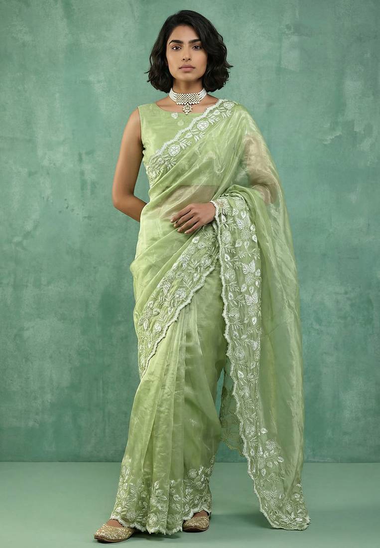 Green chanda silk thread flower embroidery cut work saree with blouse