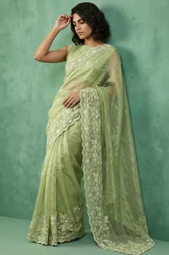 green chanda silk blend thread flower embroidery cut work saree with blouse