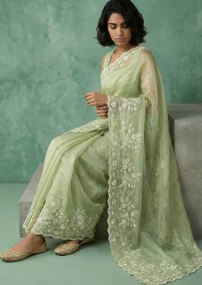 green chanda silk blend thread flower embroidery cut work saree with blouse 3