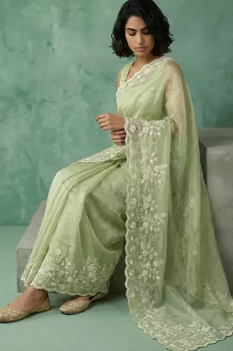 green chanda silk blend thread flower embroidery cut work saree with blouse