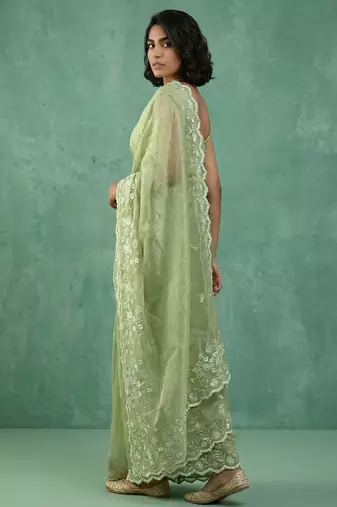green chanda silk blend thread flower embroidery cut work saree with blouse