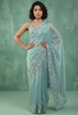 blue chanda silk blend thread flower embroidery cut work saree with blouse 1