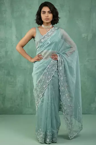 blue chanda silk blend thread flower embroidery cut work saree with blouse