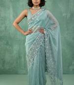 Blue chanda silk thread flower embroidery cut work saree with blouse