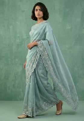 blue chanda silk blend thread flower embroidery cut work saree with blouse 2