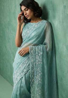 blue chanda silk blend thread flower embroidery cut work saree with blouse 3