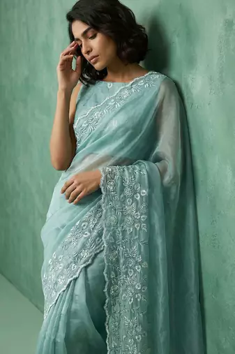 blue chanda silk blend thread flower embroidery cut work saree with blouse