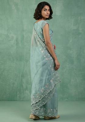 blue chanda silk blend thread flower embroidery cut work saree with blouse 4
