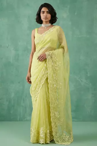 yellow chanda silk blend thread flower embroidery cut work saree with blouse