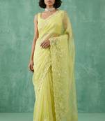 Yellow chanda silk thread flower embroidery cut work saree with blouse