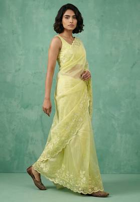 yellow chanda silk blend thread flower embroidery cut work saree with blouse 2