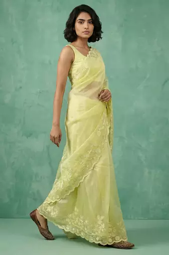 yellow chanda silk blend thread flower embroidery cut work saree with blouse