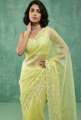 yellow chanda silk blend thread flower embroidery cut work saree with blouse 3