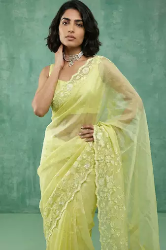 yellow chanda silk blend thread flower embroidery cut work saree with blouse