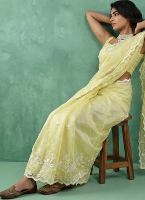 yellow chanda silk blend thread flower embroidery cut work saree with blouse 4