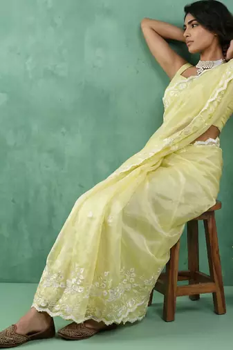 yellow chanda silk blend thread flower embroidery cut work saree with blouse
