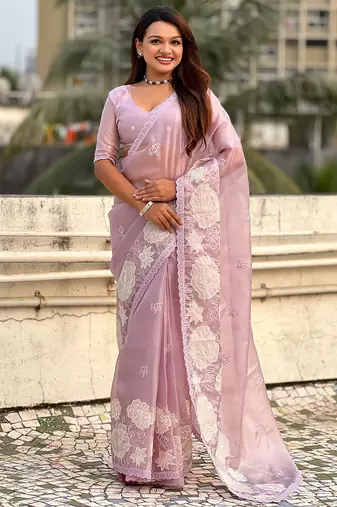 mauve oris silk blend thread lotus embroidery cut work saree with blouse