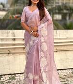 Mauve oris silk thread lotus embroidery cut work saree with blouse