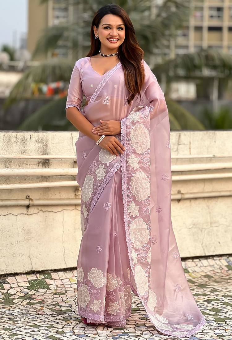 Mauve oris silk thread lotus embroidery cut work saree with blouse