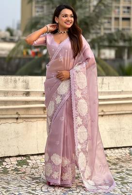 mauve oris silk blend thread lotus embroidery cut work saree with blouse 2