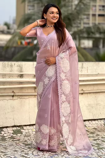 mauve oris silk blend thread lotus embroidery cut work saree with blouse