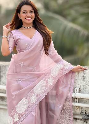mauve oris silk blend thread lotus embroidery cut work saree with blouse 3