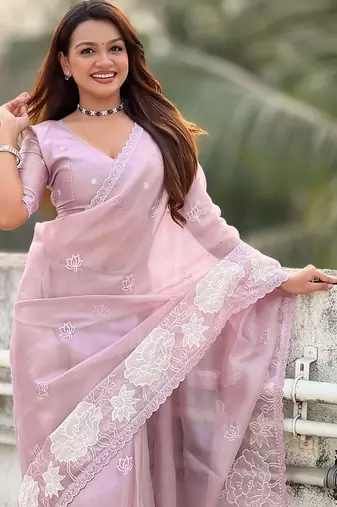 mauve oris silk blend thread lotus embroidery cut work saree with blouse