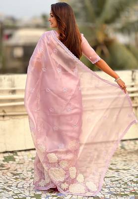 mauve oris silk blend thread lotus embroidery cut work saree with blouse 4
