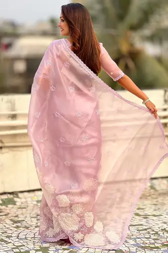mauve oris silk blend thread lotus embroidery cut work saree with blouse