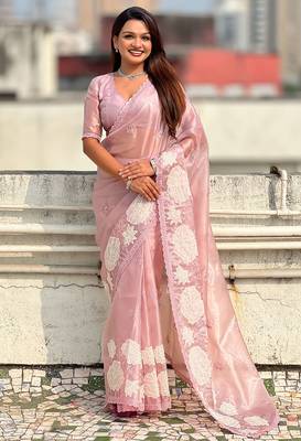 pink oris silk blend thread lotus embroidery cut work saree with blouse 1