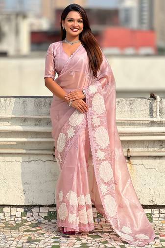 pink oris silk blend thread lotus embroidery cut work saree with blouse