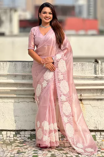 Pink oris silk thread lotus embroidery cut work saree with blouse