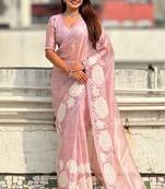 Pink oris silk thread lotus embroidery cut work saree with blouse