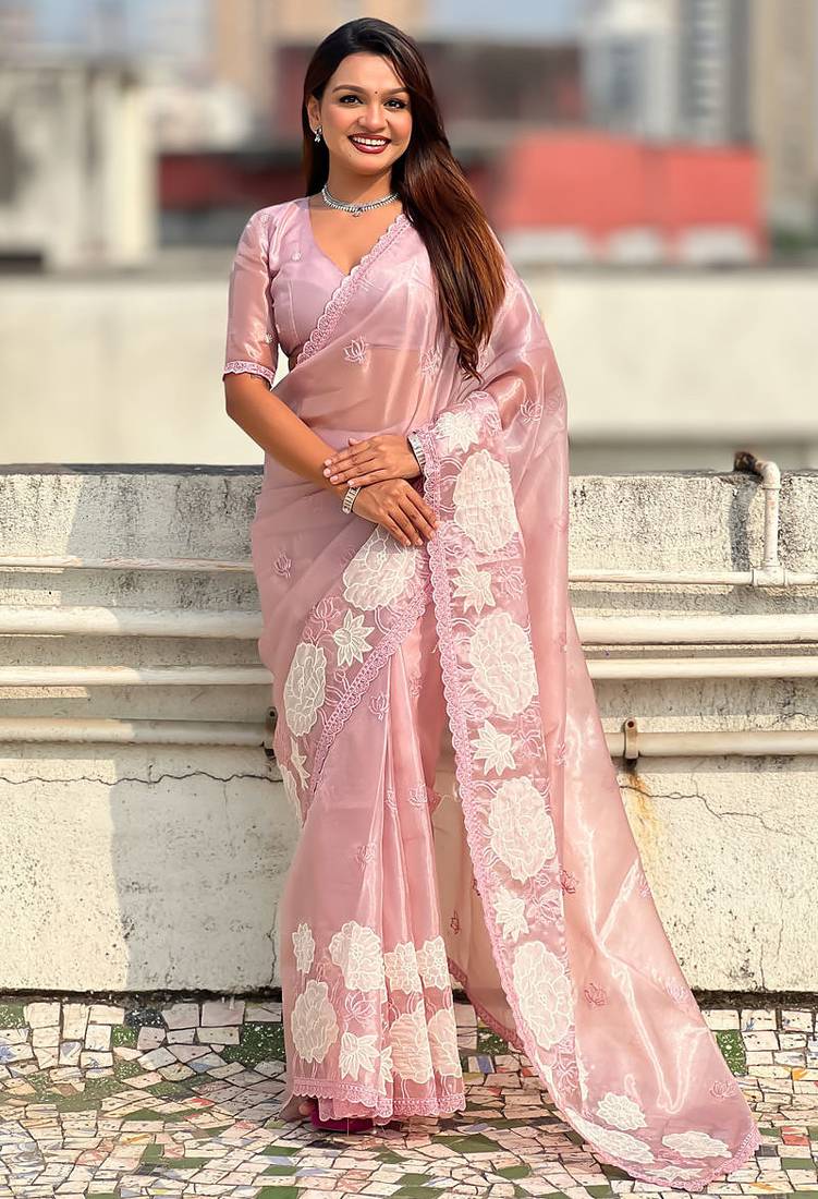 Pink oris silk thread lotus embroidery cut work saree with blouse