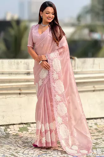 pink oris silk blend thread lotus embroidery cut work saree with blouse