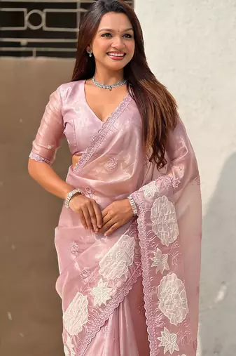 pink oris silk blend thread lotus embroidery cut work saree with blouse