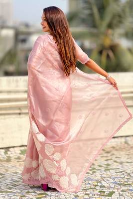 pink oris silk blend thread lotus embroidery cut work saree with blouse 4