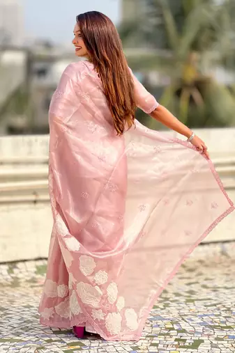 pink oris silk blend thread lotus embroidery cut work saree with blouse
