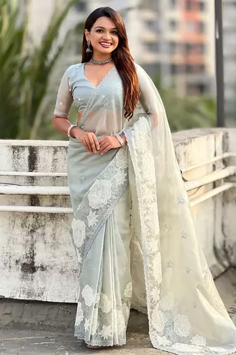 Grey oris silk thread lotus embroidery cut work saree with blouse